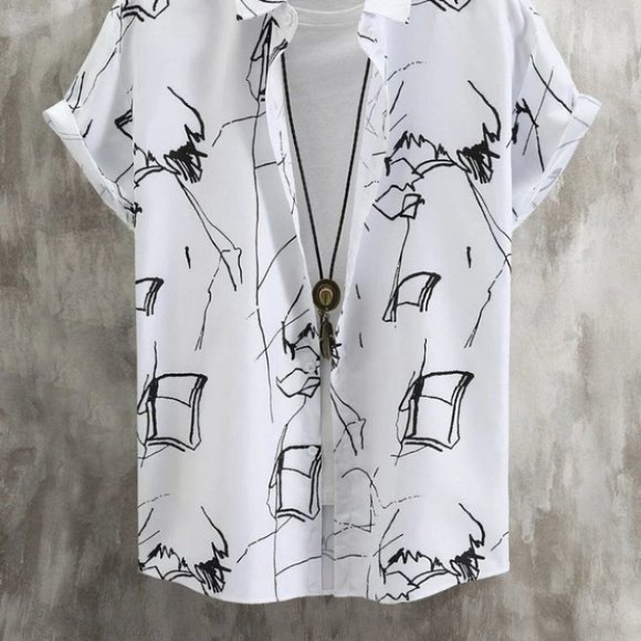 White Men's Allover Graphic Button Up Shirt Casual - Picture 3 of 5
